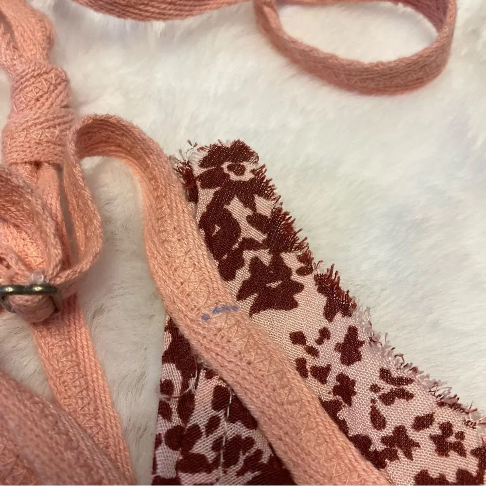 Free People Intimately Red Be Kind Bodysuit Size Medium Pink Floral Ties NWOT